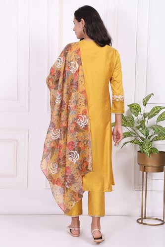 W for Woman Yellow Embroidered A-line Kurta, Pants and Dupatta Set - (WS13248-224259-M)
