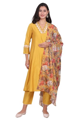 W for Woman Yellow Embroidered A-line Kurta, Pants and Dupatta Set - (WS13248-224259-M)