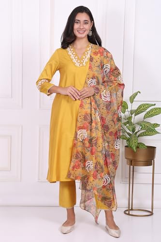 W for Woman Yellow Embroidered A-line Kurta, Pants and Dupatta Set - (WS13248-224259-M)