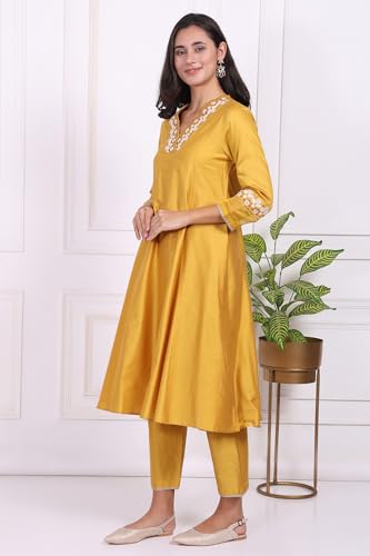 W for Woman Yellow Embroidered A-line Kurta, Pants and Dupatta Set - (WS13248-224259-M)