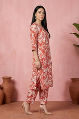 Aurelia Women's Rust Floral Printed Lace Rayon Straight Kurta with Palazzo and Dupatta Set - (AS16574-510682-L)