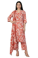 Aurelia Women's Rust Floral Printed Lace Rayon Straight Kurta with Palazzo and Dupatta Set - (AS16574-510682-L)