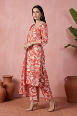 Aurelia Women's Rust Floral Printed Lace Rayon Straight Kurta with Palazzo and Dupatta Set - (AS16574-510682-L)