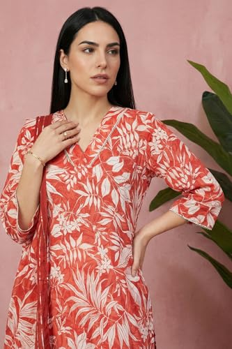Aurelia Women's Rust Floral Printed Lace Rayon Straight Kurta with Palazzo and Dupatta Set - (AS16574-510682-L)