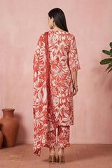 Aurelia Women's Rust Floral Printed Lace Rayon Straight Kurta with Palazzo and Dupatta Set - (AS16574-510682-L)