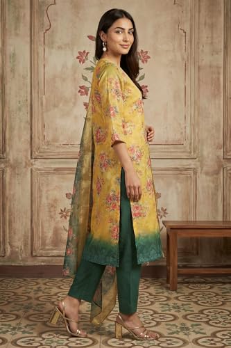 Aurelia Women’s Yellow Jacquard Zari Lace Straight Kurta with Trousers and Dupatta Set - (AS16578-510995-L)