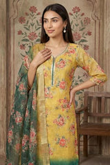 Aurelia Women’s Yellow Jacquard Zari Lace Straight Kurta with Trousers and Dupatta Set - (AS16578-510995-L)