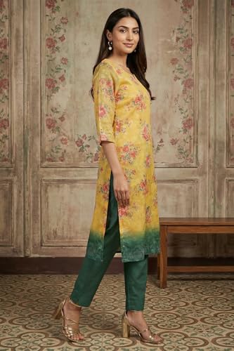 Aurelia Women’s Yellow Jacquard Zari Lace Straight Kurta with Trousers and Dupatta Set - (AS16578-510995-L)