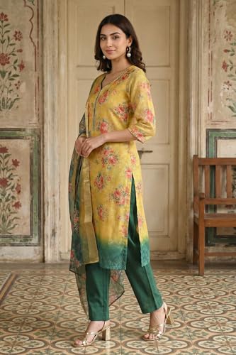 Aurelia Women’s Yellow Jacquard Zari Lace Straight Kurta with Trousers and Dupatta Set - (AS16578-510995-L)