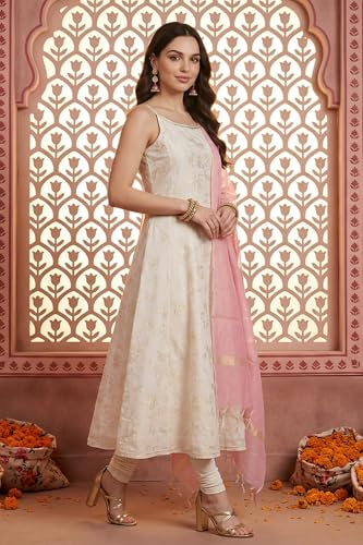 Aurelia Women's Off-White Gold-Toned Chanderi A-Line Noodle Straps Kurta and Leggings Set with Pink Dupatta - (AS16415-510471-L)