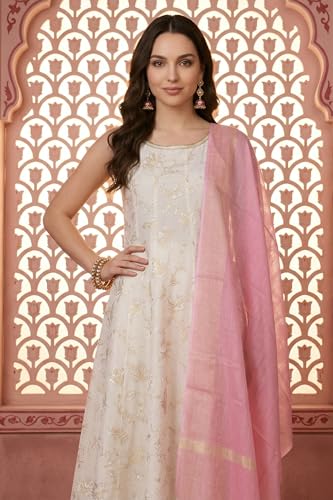 Aurelia Women's Off-White Gold-Toned Chanderi A-Line Noodle Straps Kurta and Leggings Set with Pink Dupatta - (AS16415-510471-L)