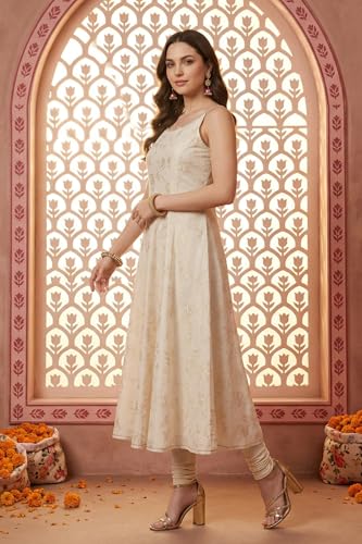 Aurelia Women's Off-White Gold-Toned Chanderi A-Line Noodle Straps Kurta and Leggings Set with Pink Dupatta - (AS16415-510471-L)