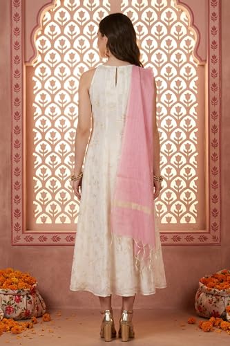 Aurelia Women's Off-White Gold-Toned Chanderi A-Line Noodle Straps Kurta and Leggings Set with Pink Dupatta - (AS16415-510471-L)