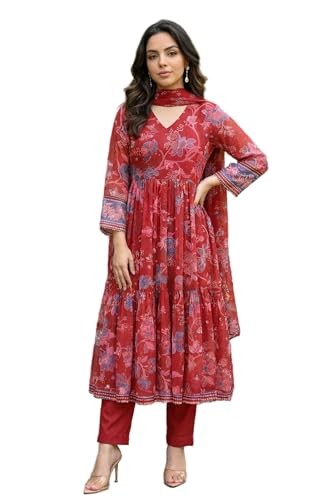 W for Woman Red Floral Printed Chiffon Flared Kurta with Straight Pants and Dupatta Set - (WS13863-126807-2XL)