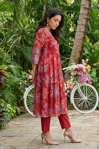W for Woman Red Floral Printed Chiffon Flared Kurta with Straight Pants and Dupatta Set - (WS13863-126807-2XL)