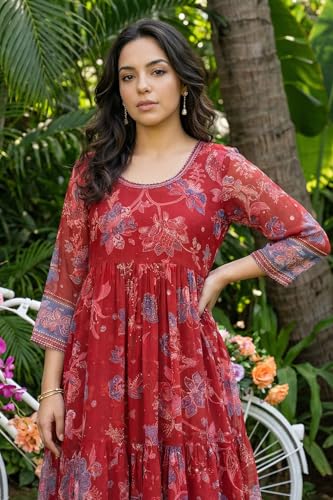 W for Woman Red Floral Printed Chiffon Flared Kurta with Straight Pants and Dupatta Set - (WS13863-126807-2XL)