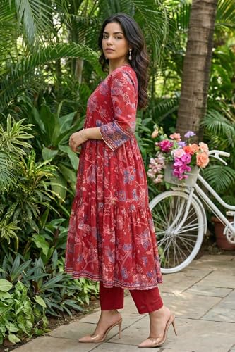W for Woman Red Floral Printed Chiffon Flared Kurta with Straight Pants and Dupatta Set - (WS13863-126807-2XL)