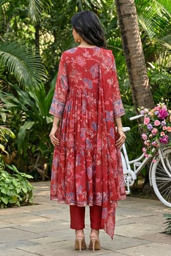 W for Woman Red Floral Printed Chiffon Flared Kurta with Straight Pants and Dupatta Set - (WS13863-126807-2XL)