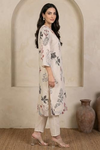W for Woman Cream Floral Printed Lace Chiffon Straight Kurta - (W13555-122046-XXL)