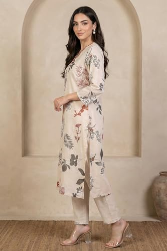 W for Woman Cream Floral Printed Lace Chiffon Straight Kurta - (W13555-122046-XXL)