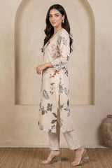 W for Woman Cream Floral Printed Lace Chiffon Straight Kurta - (W13555-122046-XXL)