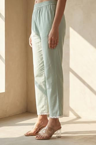 W for Woman Sea Green Solid Lace Straight Fit Ankle Length Pants - (WB13873-225234-M)