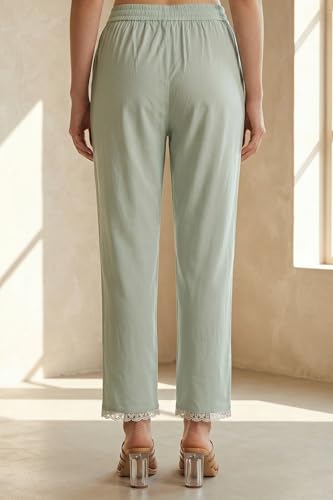 W for Woman Sea Green Solid Lace Straight Fit Ankle Length Pants - (WB13873-225234-M)