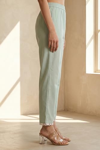 W for Woman Sea Green Solid Lace Straight Fit Ankle Length Pants - (WB13873-225234-M)