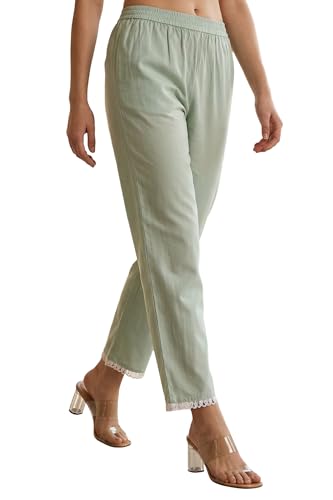 W for Woman Sea Green Solid Lace Straight Fit Ankle Length Pants - (WB13873-225234-M)