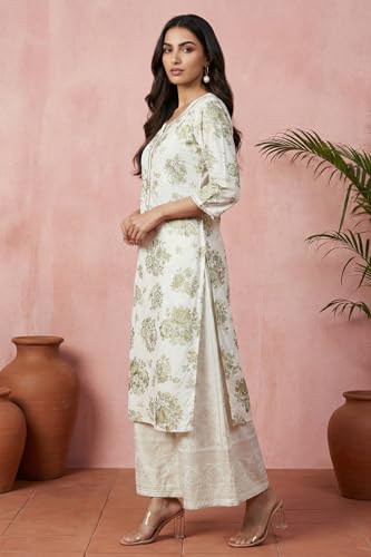 Aurelia Women’s Off White Floral Printed Rayon Straight Kurta with Lace - (A16410-510461-L)