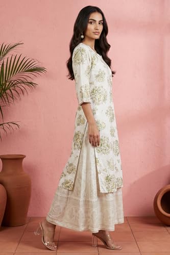 Aurelia Women’s Off White Floral Printed Rayon Straight Kurta with Lace - (A16410-510461-L)