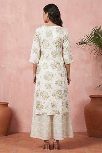 Aurelia Women’s Off White Floral Printed Rayon Straight Kurta with Lace - (A16410-510461-L)
