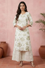 Aurelia Women’s Off White Floral Printed Rayon Straight Kurta with Lace - (A16410-510461-L)