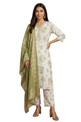 Aurelia Women’s Off White Embroidered Floral Printed Rayon Straight Kurta with Salwar and Dupatta Set - (AS16420-510461-S)
