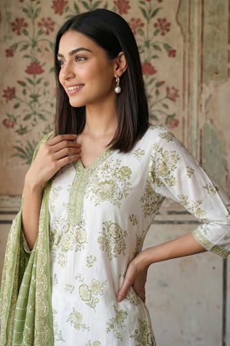 Aurelia Women’s Off White Embroidered Floral Printed Rayon Straight Kurta with Salwar and Dupatta Set - (AS16420-510461-S)