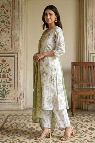 Aurelia Women’s Off White Embroidered Floral Printed Rayon Straight Kurta with Salwar and Dupatta Set - (AS16420-510461-S)