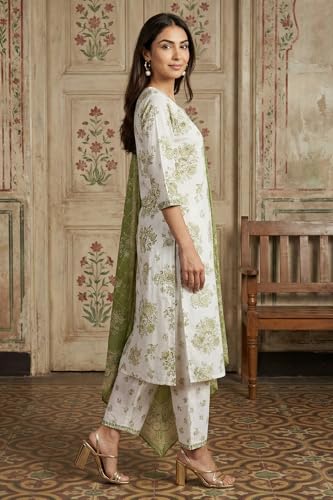 Aurelia Women’s Off White Embroidered Floral Printed Rayon Straight Kurta with Salwar and Dupatta Set - (AS16420-510461-S)