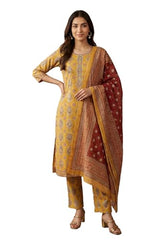 Aurelia Women’s Mustard Thread Embroidered Paisley Pure Cotton Straight Kurta With Trousers and Dupatta Set - (AS16475-510328-XL)