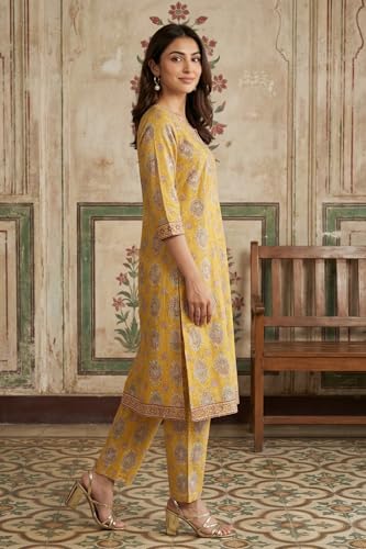 Aurelia Women’s Mustard Thread Embroidered Paisley Pure Cotton Straight Kurta With Trousers and Dupatta Set - (AS16475-510328-XL)