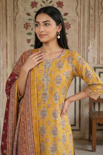 Aurelia Women’s Mustard Thread Embroidered Paisley Pure Cotton Straight Kurta With Trousers and Dupatta Set - (AS16475-510328-XL)