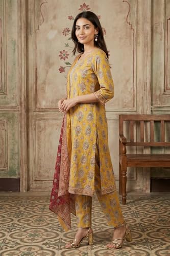 Aurelia Women’s Mustard Thread Embroidered Paisley Pure Cotton Straight Kurta With Trousers and Dupatta Set - (AS16475-510328-XL)