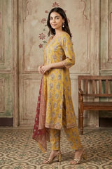 Aurelia Women’s Mustard Thread Embroidered Paisley Pure Cotton Straight Kurta With Trousers and Dupatta Set - (AS16475-510328-XL)