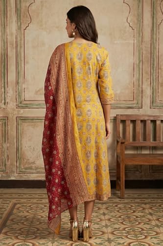 Aurelia Women’s Mustard Thread Embroidered Paisley Pure Cotton Straight Kurta With Trousers and Dupatta Set - (AS16475-510328-XL)