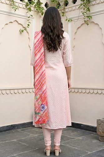 Aurelia Women's Pink Embroidered Buti Shantung Anarkali Kurta with Tights and Dupatta Set - (AS16392-609246-S)