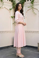 Aurelia Women's Pink Embroidered Buti Shantung Anarkali Kurta with Tights and Dupatta Set - (AS16392-609246-S)