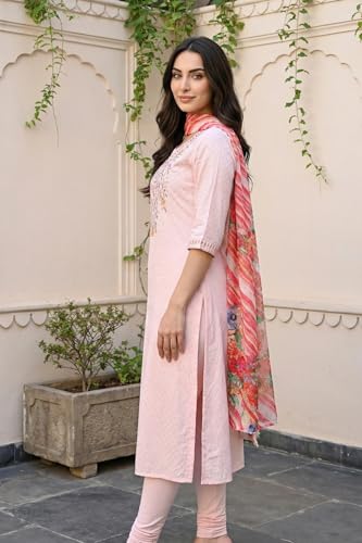 Aurelia Women's Pink Embroidered Buti Shantung Anarkali Kurta with Tights and Dupatta Set - (AS16392-609246-S)