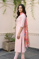 Aurelia Women's Pink Embroidered Buti Shantung Anarkali Kurta with Tights and Dupatta Set - (AS16392-609246-S)