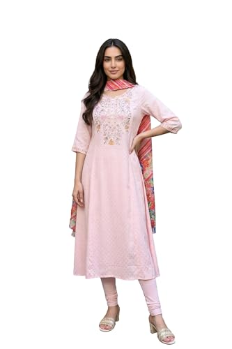 Aurelia Women's Pink Embroidered Buti Shantung Anarkali Kurta with Tights and Dupatta Set - (AS16392-609246-S)