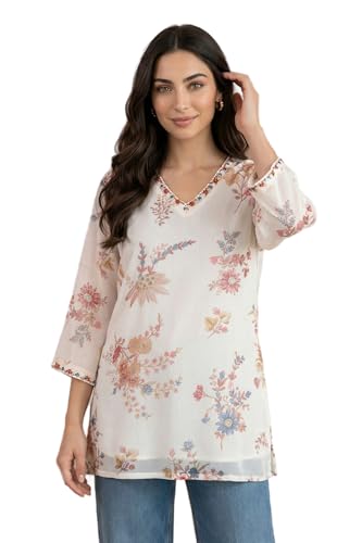 W for Woman Off White Embroidered Chiffon Straight Top - (W31463-126851-3XL)