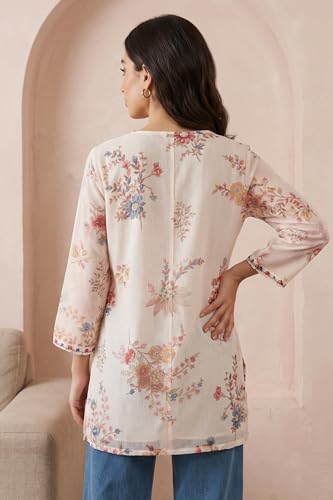 W for Woman Off White Embroidered Chiffon Straight Top - (W31463-126851-3XL)